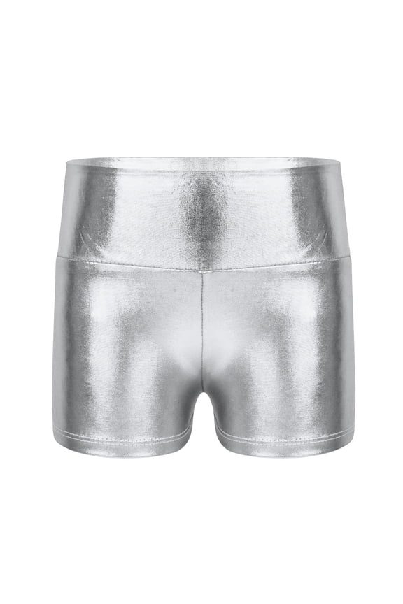 Big Girls Shiny Metallic High Waisted Booty Shorts Gymnastics Leotard Ballet Dancewear Sports Silver 16