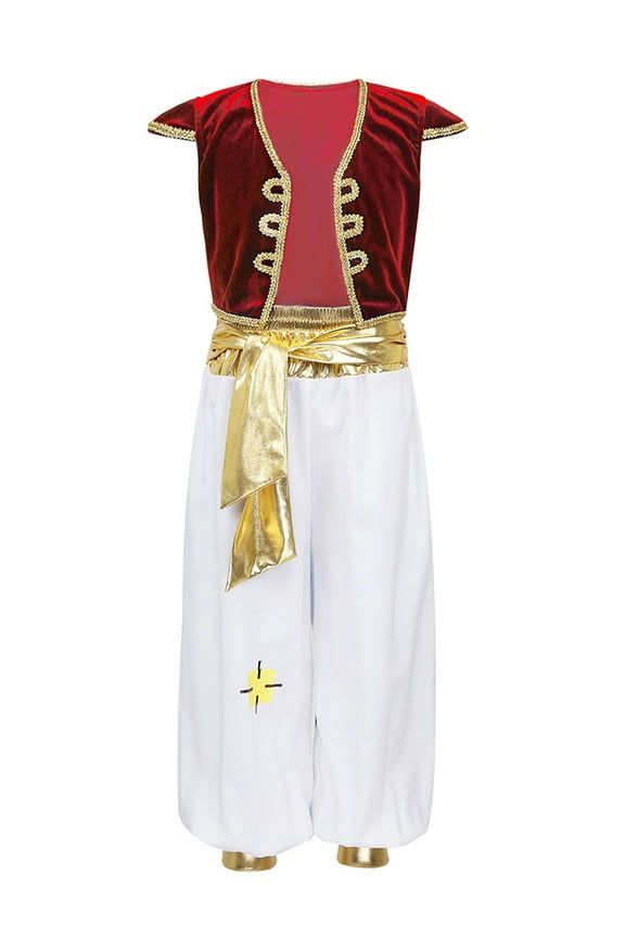 Boys Arabian Prince Costume Street Rat Suit Cap Sleeve Vest Waistcoat with Pants Set Halloween Red 10
