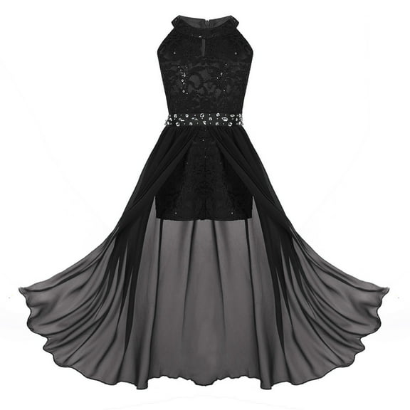 Venjoe Flower Girl Halter Neck Wedding Dress Kids Floral Lace Party Dresses Sparkle Rhinestone Black 10