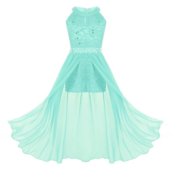 Venjoe Flower Girl Halter Neck Wedding Dress Kids Floral Lace Party Dresses Sparkle Rhinestone Mint Green 10