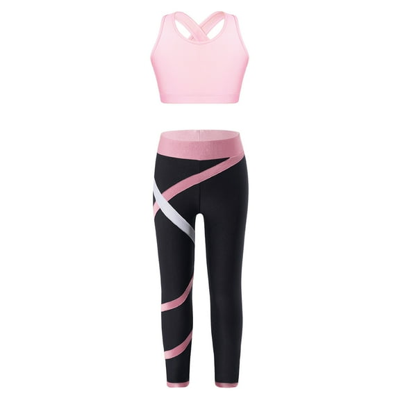 Venjoe Girls 2 Piece Dance Outfit Racer Back Crop Tank Sport Bra and Gymnastics Leggings Yoga Pants Pink 14
