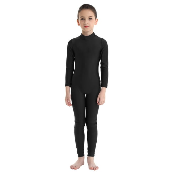 Venjoe Girls Full Body Long Sleeve Unitard Kids Gymnastics Turtleneck One Piece Bodysuits Dance Costume Black 7-8