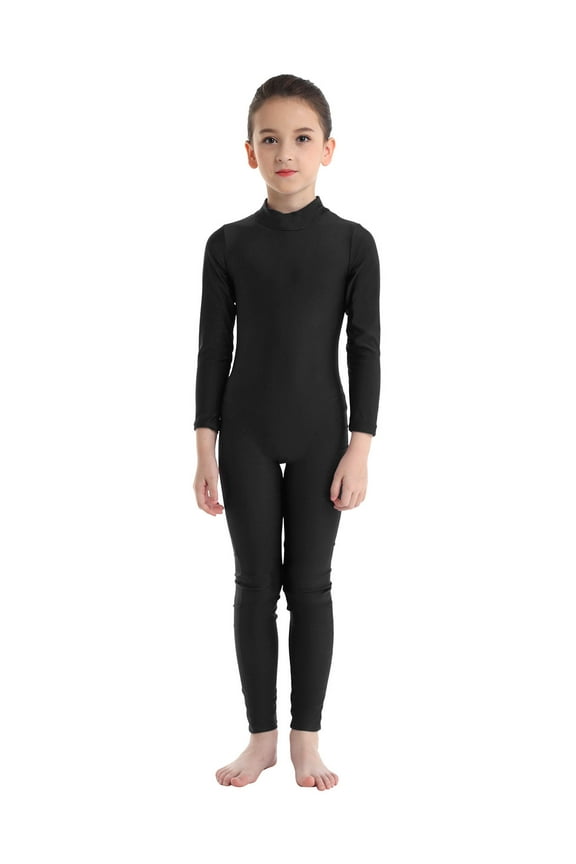 Girls Full Body Long Sleeve Unitard Kids Gymnastics Turtleneck One Piece Bodysuits Dance Costume Black 7-8