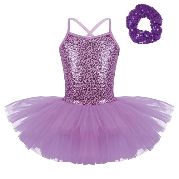 Venjoe Girls Kids Sequined Ballet Dance Leotard with Hair Band Outfits Ballerina Princess Tutu Dress Purple XXL