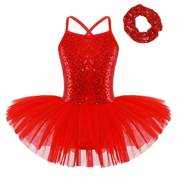 Venjoe Girls Kids Sequined Ballet Dance Leotard with Hair Band Outfits Ballerina Princess Tutu Dress Red L