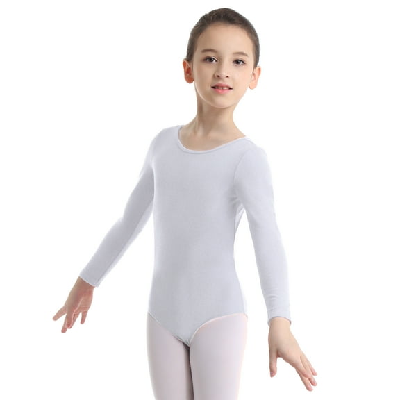 Venjoe Girls Long Sleeve Leotard Kids Bodysuit for Dance Gymnastics Costume 3-12 Years White 8