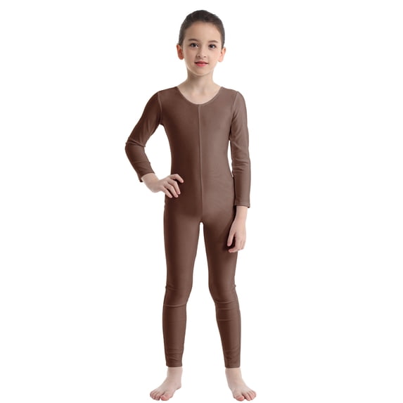Venjoe Girls Unitards Gymnastics Long Sleeves Full Body Toddler Ballet Leotards for Kids Costumes Brown 7-8