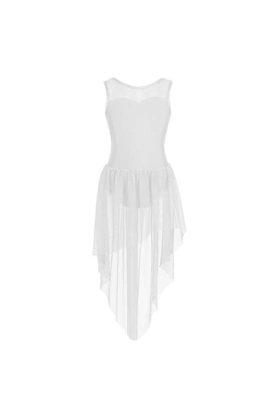Kids Big Girls Lyrical High-Low Dance Dress Ballte Latin Gymnastic Leotard Outfit Sleeveless White 14