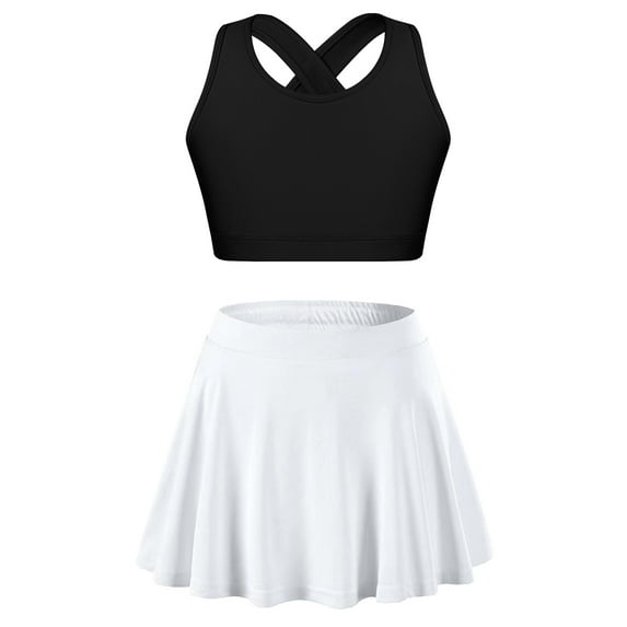 Venjoe Kids Girls 2pcs Tennis Golf Sports Outfit U Neck Tank Top with Pleated Skort Skirt Set Gym Black&White 4