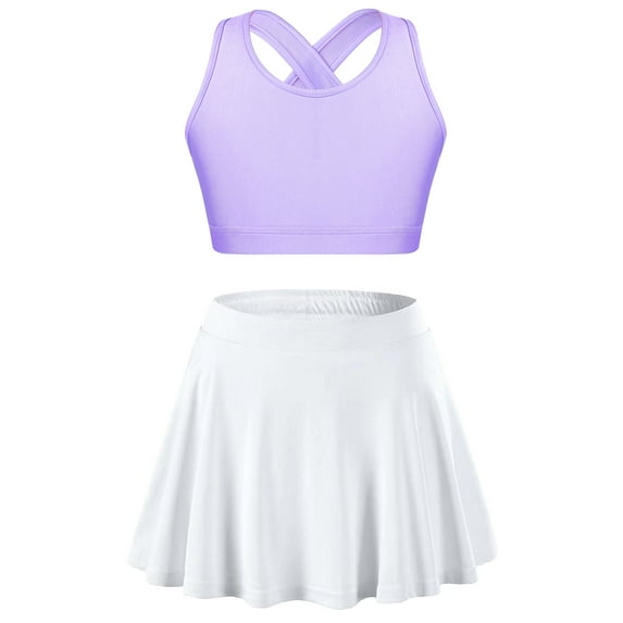 Venjoe Kids Girls 2pcs Tennis Golf Sports Outfit U Neck Tank Top with Pleated Skort Skirt Set Gym Lavender&White 8