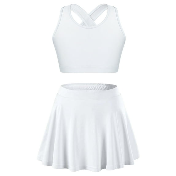 Venjoe Kids Girls 2pcs Tennis Golf Sports Outfit U Neck Tank Top with Pleated Skort Skirt Set Gym White 12