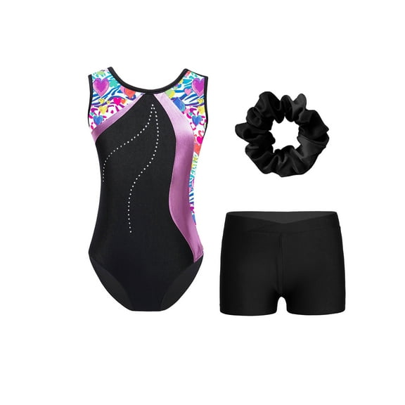 Venjoe Kids Girls 3 Piece Gymnastics Leotards Outfits Sparkling Ballet Dance Unitards with Shorts Colorful Heart&Black 4
