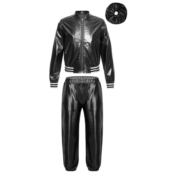 Venjoe Kids Girls Boy Hip Hop Street Dance Clothes Zipper Metallic Jacket with Pants Hair Band Black 6
