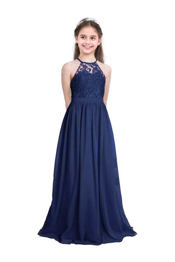 Kids Girls Chiffon Halter Neck Maxi Flower Dress Wedding Bridesmaid Formal Party Evening Gown Navy Blue 6