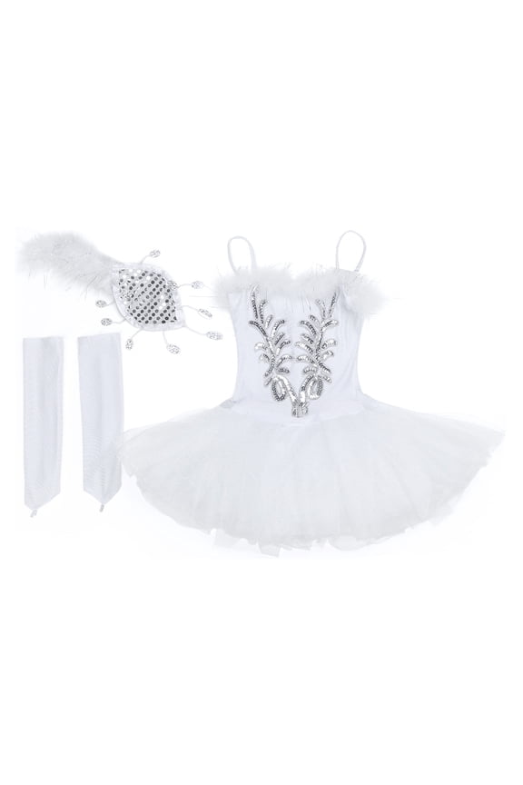 Kids Girls Embroidered Camisole Skirted Leotard for Ballet Dance Ballerina Swan Lake White 8