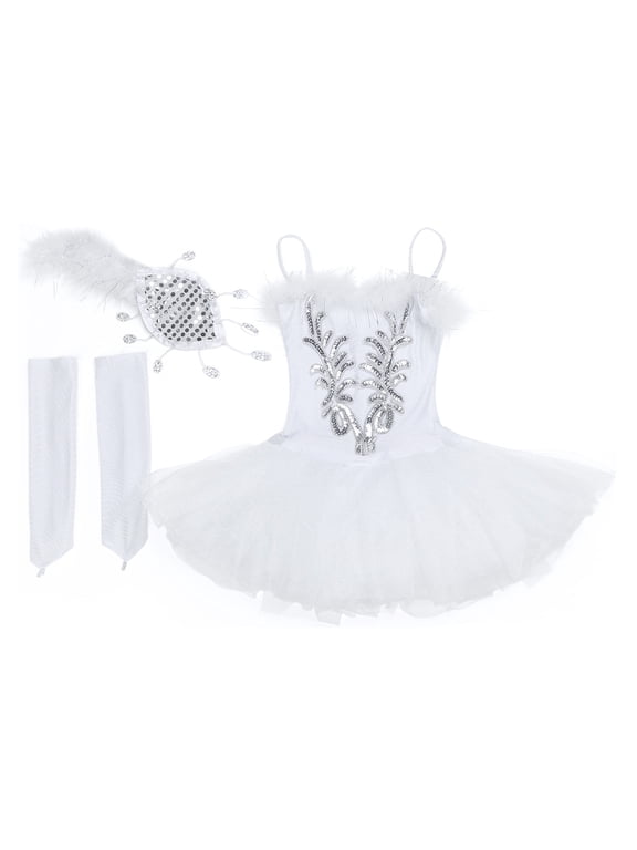 Kids Girls Embroidered Camisole Skirted Leotard for Ballet Dance Ballerina Swan Lake White 8