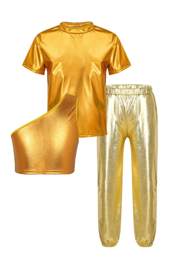 Kids Girls Hip Hop Outfit Cheer Leader Uniform Sparkle Shirts One Shoulder Tank Tops and Jazz Gold 8