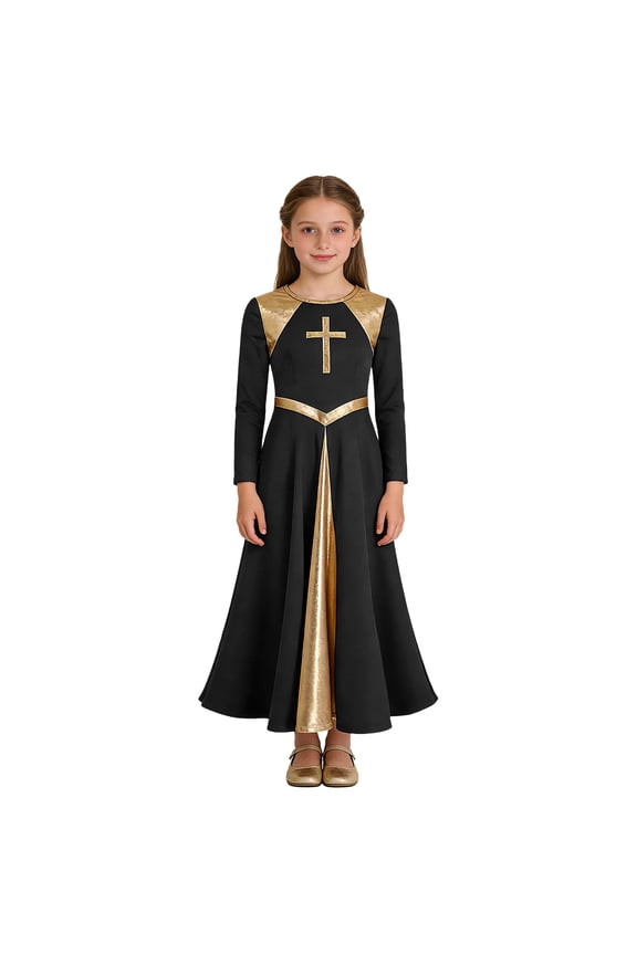Kids Girls Liturgical Praise Dance Dress Metallic Shiny Contrast Dress Long Sleeve Lyrical Worship Dancewear Party Dresses Black 14