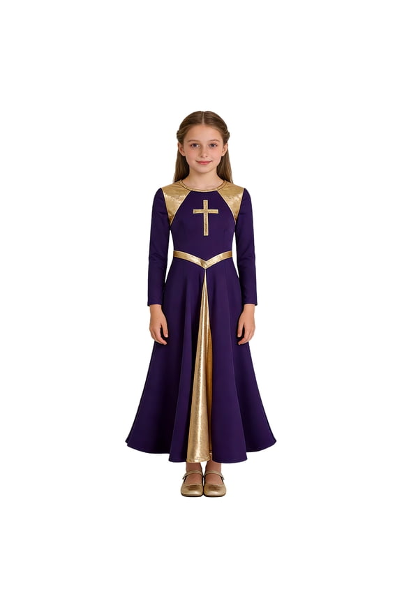 Kids Girls Liturgical Praise Dance Dress Metallic Shiny Contrast Dress Long Sleeve Lyrical Worship Dancewear Party Dresses Purple 10