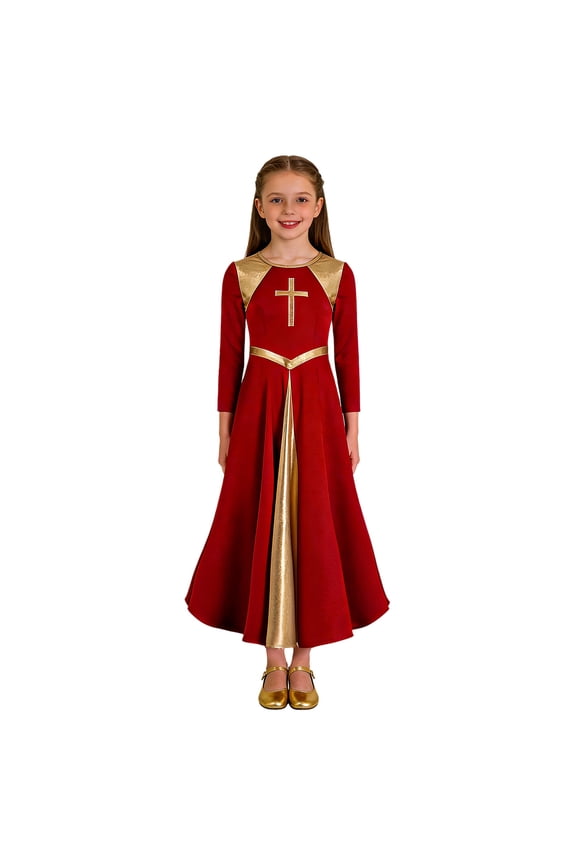 Kids Girls Liturgical Praise Dance Dress Metallic Shiny Contrast Dress Long Sleeve Lyrical Worship Dancewear Party Dresses Red 4