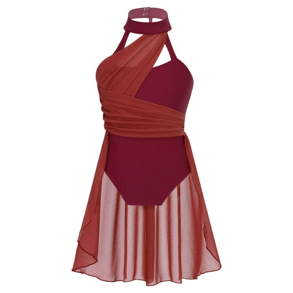 Venjoe Kids Girls Lyrical Contemporary Dance Costume Sleeveless Ruched Chiffon Ballet Dance Leotard Dress Burgundy 16
