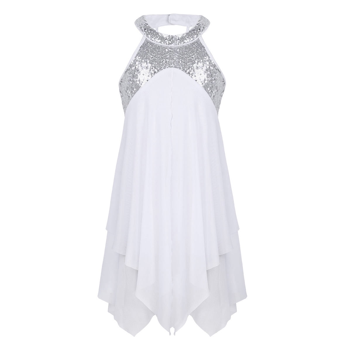 Abito Danza Lirica Per Bambina | Vestito Maniche Corte Con Paillettes Azzurre | Scollato Leotard Midi