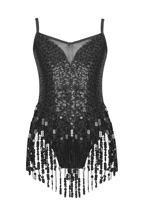 Kids Girls Sequin Tassel Tango Latin Dance Dress Samba Rumba Jazz Belly Ballet Dance Leotard Dress Dancewear Black 6