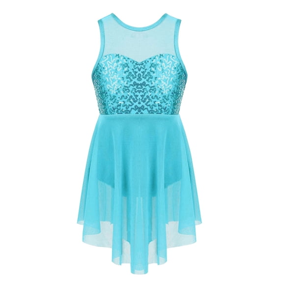 Venjoe Kids Girls Sequined Ballet Lyrical Dance Dress Leotard Asymmetrical Dancewear Costume Light Blue 6