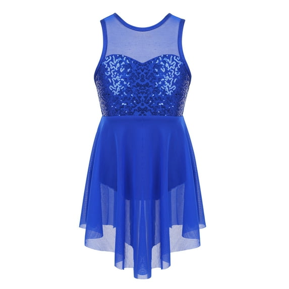 Venjoe Kids Girls Sequined Ballet Lyrical Dance Dress Leotard Asymmetrical Dancewear Costume Royal Blue 8