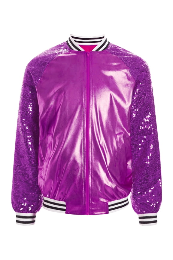 Kids Girls Sequins Long Sleeve Bomber Jacket Hip Hop Jazz Street Dance Coat Performance Outerwear Purple 8