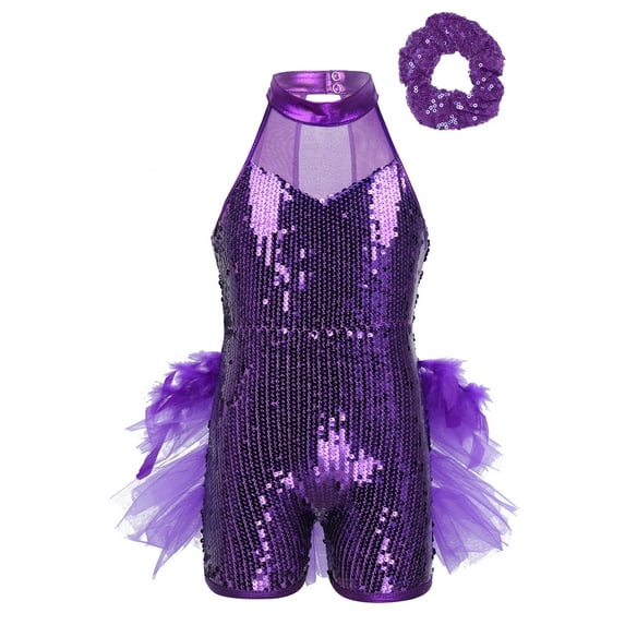 Venjoe Kids Girls Shiny Sequins Gymnastics Ballet Dance Leotard Unitard Mesh Tutu Skirt with Hair Purple 7