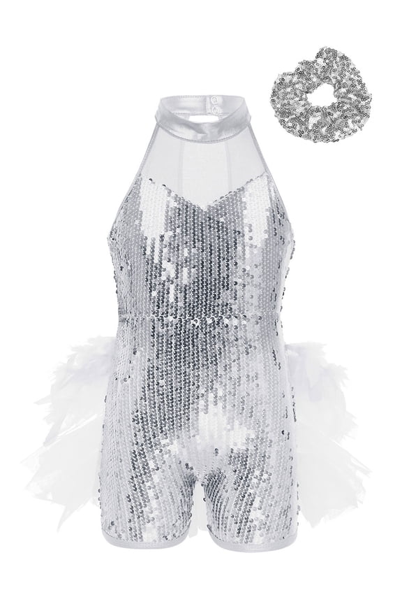 Kids Girls Shiny Sequins Gymnastics Ballet Dance Leotard Unitard Mesh Tutu Skirt with Hair White 10