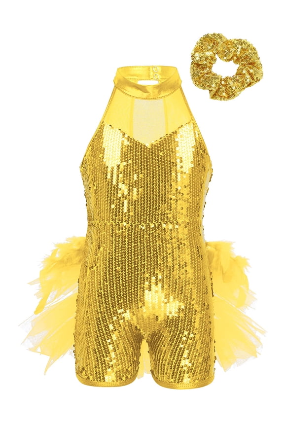 Kids Girls Shiny Sequins Gymnastics Ballet Dance Leotard Unitard Mesh Tutu Skirt with Hair Yellow 12