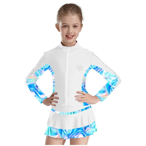 Venjoe Kids Girls Zipper Figure Ice Skating Top Athletic Sport Training Jacket Long Sleeve Sparkly White 6