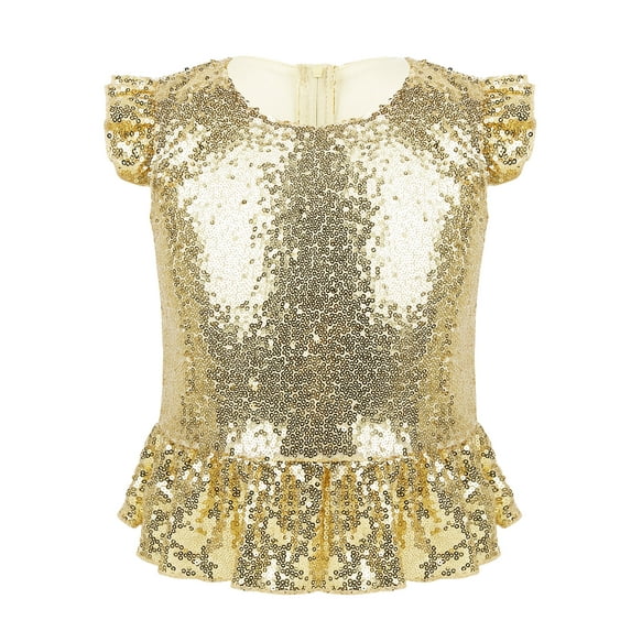 Venjoe Kids Girlst Flutter Sleeves Shiny Sequins T-Shirt Stage Performance Zipper Back Mermaid Tops Gold 8