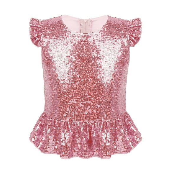 Venjoe Kids Girlst Flutter Sleeves Shiny Sequins T-Shirt Stage Performance Zipper Back Mermaid Tops Pink 4