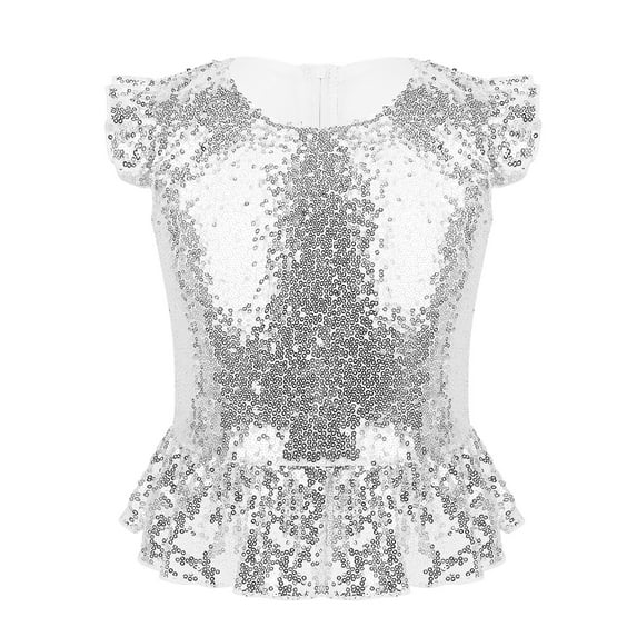 Venjoe Kids Girlst Flutter Sleeves Shiny Sequins T-Shirt Stage Performance Zipper Back Mermaid Tops Silver 16