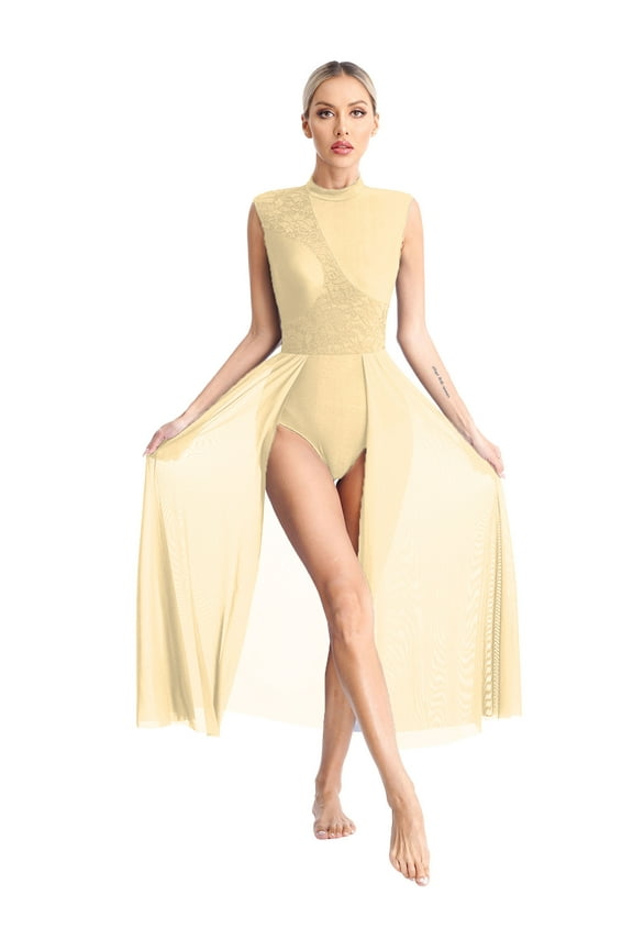 Women Floral Lace Lyrical Dance Dress Mock Neck Open Back Sleeveless Contemporary Ballroom Champagne M