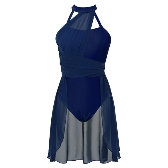 Venjoe Women's Lyrical Dance Dress Ruched Chiffon Back Strappy Sleeveless Leotard Dress Dancewear Navy_Blue M