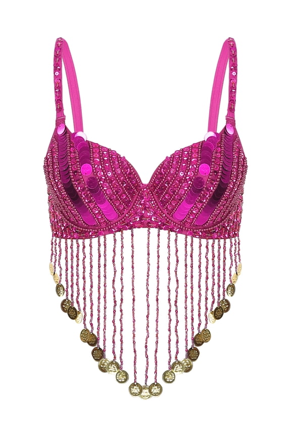 Womens Belly Latin Dance Costume Shiny Sequins Tassels Underwired Bra Ballroom Dancewear Hot Pink One Size