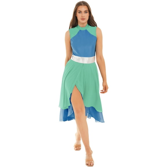 Venjoe Womens Color Block Ballet Praise Dance Dress Modern Contemporary Worship Irregular Hem Lyrical Green&Blue L