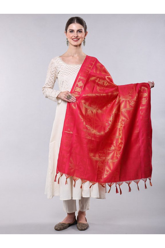 Venkateswar Brocaded Prayer Shawl from Tamil Nadu with Woven Om Namo Venkatesaya Namaha Mantra and Vaishnava Symbols – Innuendo