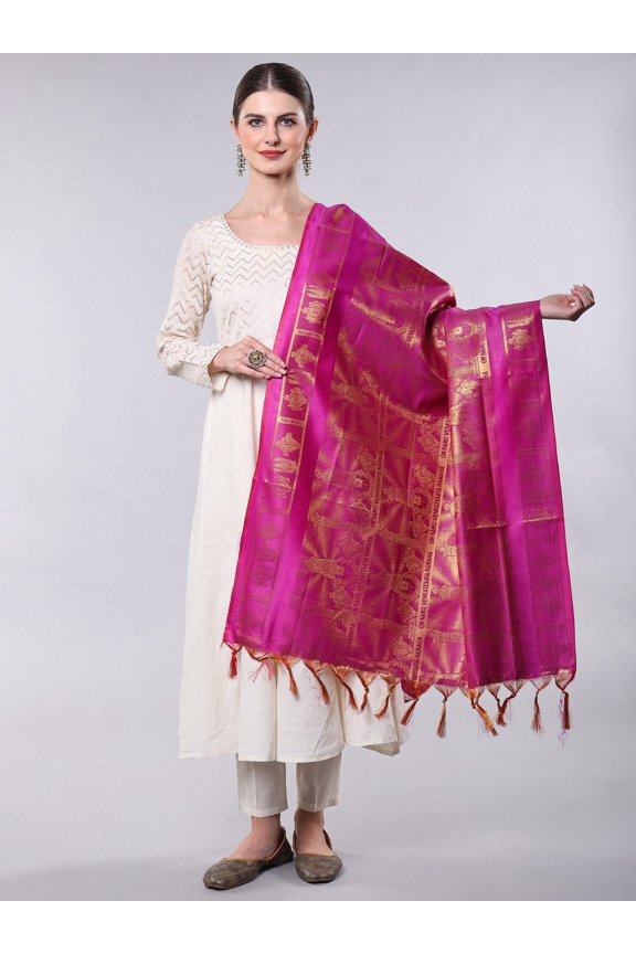Venkateswar Brocaded Prayer Shawl from Tamil Nadu with Woven Om Namo Venkatesaya Namaha Mantra and Vaishnava Symbols – Meadow Mauve
