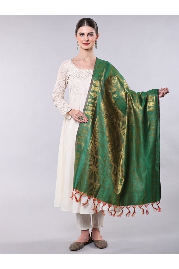 Venkateswar Brocaded Prayer Shawl from Tamil Nadu with Woven Om Namo Venkatesaya Namaha Mantra and Vaishnava Symbols – Verdant Green