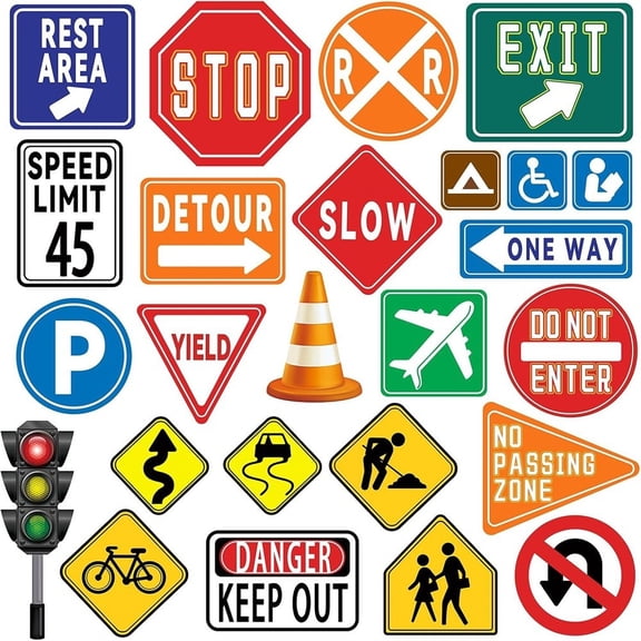 Venlox 25Pcs Traffic Road Signs Wall Stickers Stop Street Transportation Signs