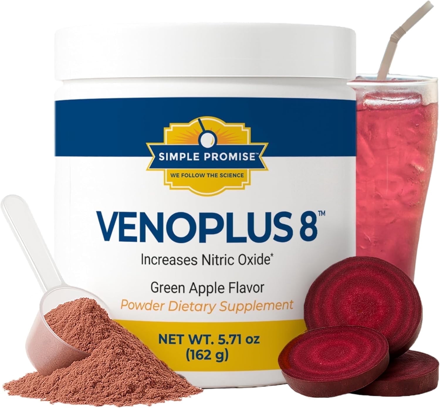 VenoPlus 8 - Beet Root Powder Nitric Oxide Booster Supplement for Men & Women - Supports Healthy Blood Flow for Heart & Energy - Pomegranate, Vitamin K2, Antioxidants & Prebiotic Fiber - 30 Servings