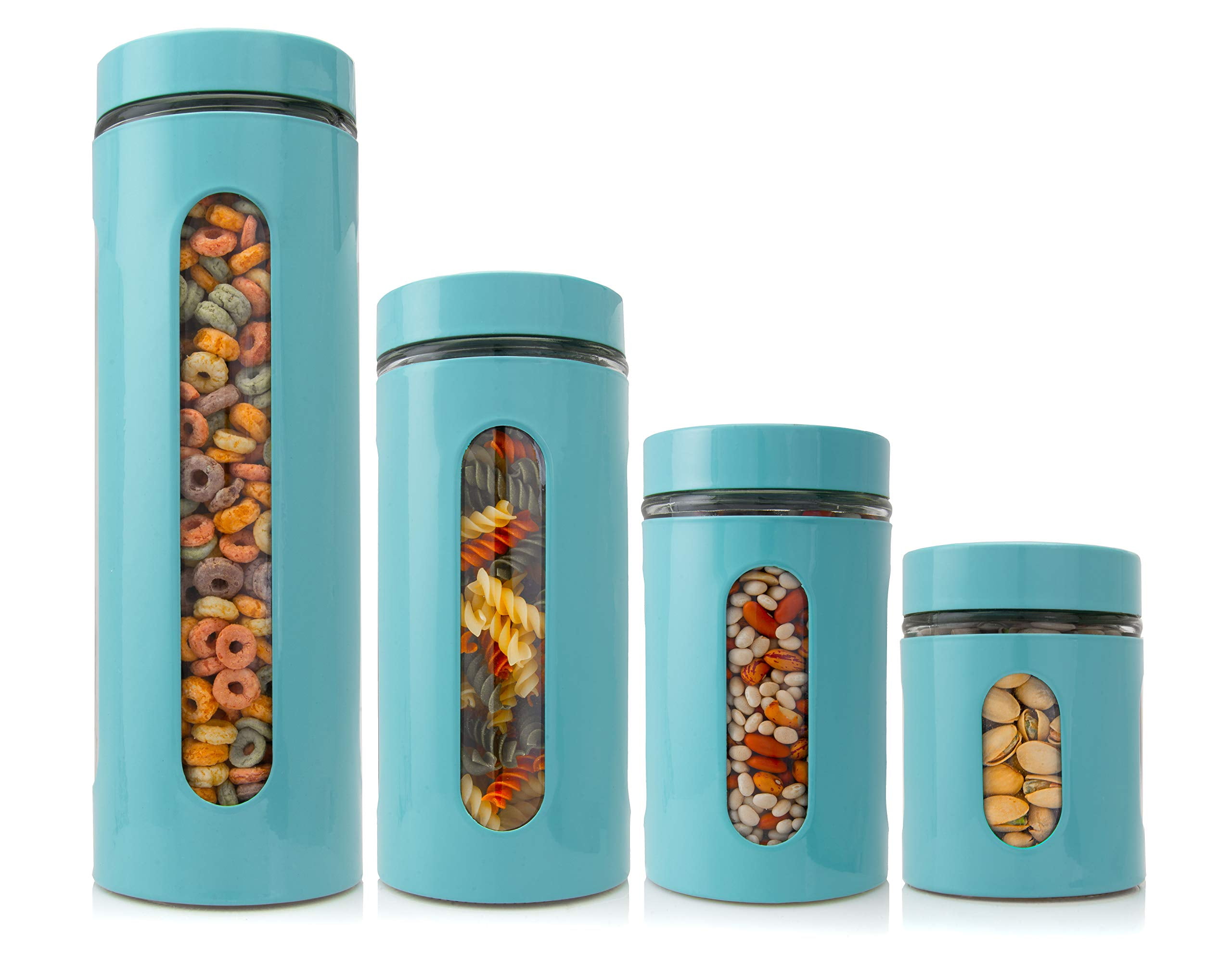 Venoly Dry Food Storage Containers with Lids (4 Piece Set) Airtight Freshness Seal, See-Through Glass Canister | BPA-Free, Food-Grade Safe | Kitchen Pantry & Countertop Storage (Turquoise)