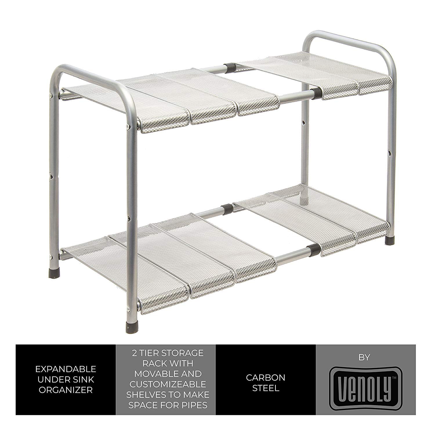 Expandable Under Sink Organizer - 2 Tier Storage Rack with Movable and Customizeable Shelves to Make Space for Pipes - Carbon Steel - by Venoly