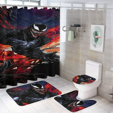Venom 4PCS Shower Curtain Set with Non Slip Rugs, Toilet Lid Cover and Bath Mat, Washable Waterproof Shower Curtains Bathroom Decor Accessories Sets with 12 Hooks, 72x72 in