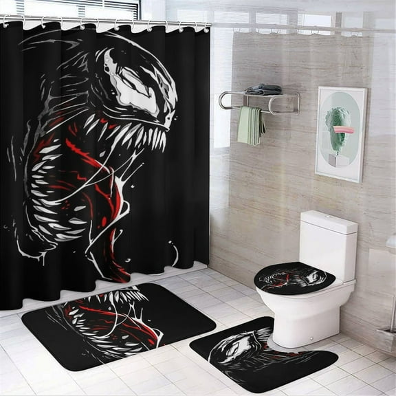 Venom 4PCS Shower Curtain Set with Non Slip Rugs, Toilet Lid Cover and Bath Mat, Washable Waterproof Shower Curtains Bathroom Decor Accessories Sets with 12 Hooks, 72x72 in